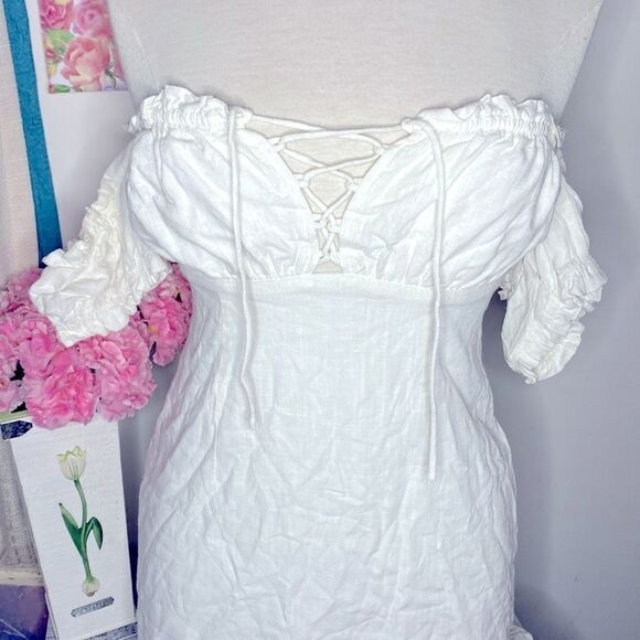 🌷 Cotton Candy LA🌷 White Linen Blend Cottagecore Babydoll Lace Up Dress - Picture 4 of 11